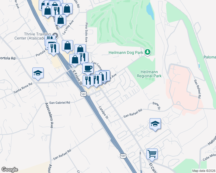 map of restaurants, bars, coffee shops, grocery stores, and more near 9286 El Bordo Avenue in Atascadero