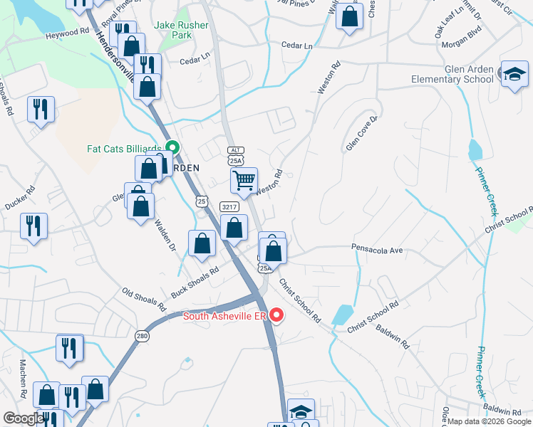 map of restaurants, bars, coffee shops, grocery stores, and more near 125 Weston Road in Arden