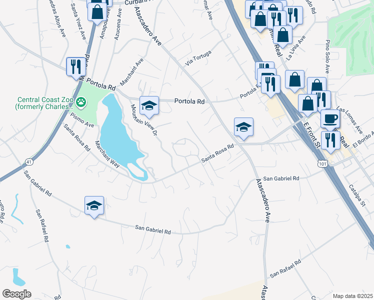 map of restaurants, bars, coffee shops, grocery stores, and more near 8455 Santa Rosa Road in Atascadero