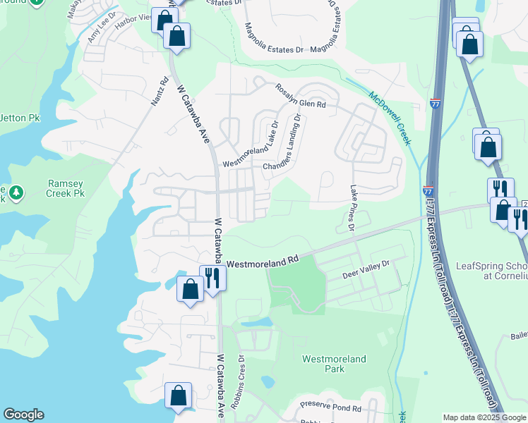 map of restaurants, bars, coffee shops, grocery stores, and more near 19018 Lake Breeze Drive in Cornelius