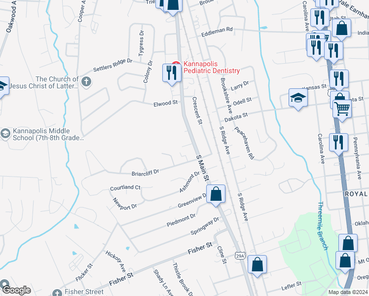 map of restaurants, bars, coffee shops, grocery stores, and more near 107 Carriage House Drive in Kannapolis