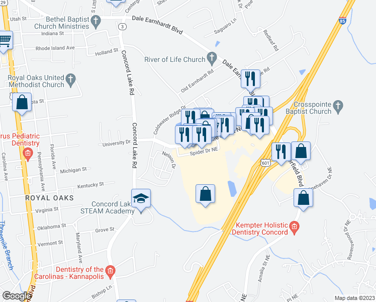 map of restaurants, bars, coffee shops, grocery stores, and more near 2212 Roxie Street Northeast in Kannapolis