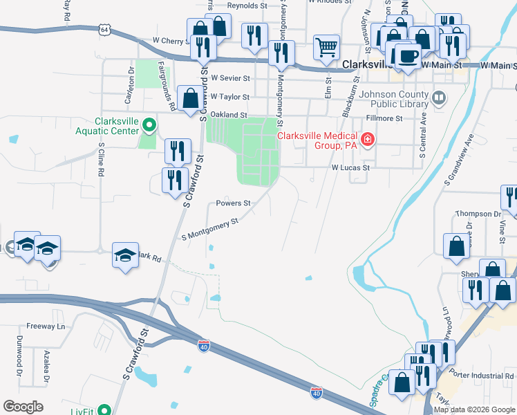 map of restaurants, bars, coffee shops, grocery stores, and more near 101 Vaughn Street in Clarksville