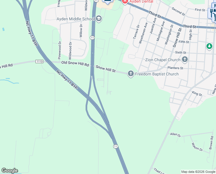 map of restaurants, bars, coffee shops, grocery stores, and more near 180 Snow Hill Street in Ayden