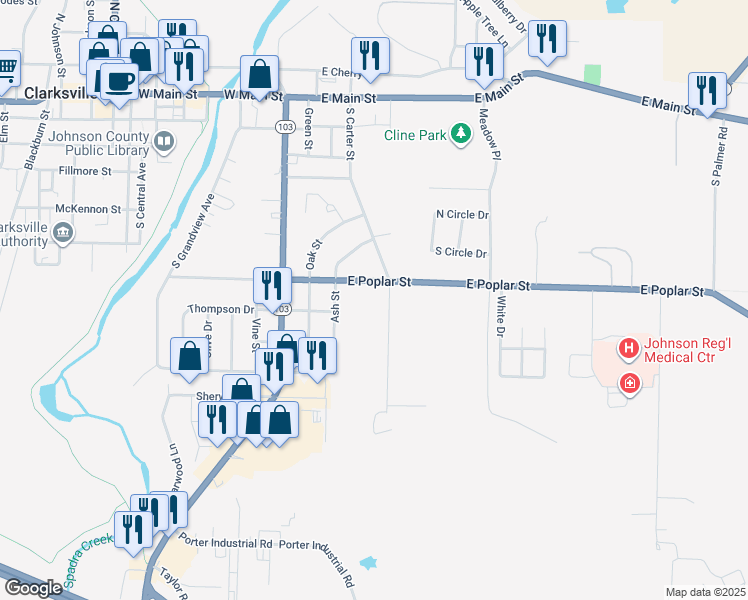 map of restaurants, bars, coffee shops, grocery stores, and more near Carter St in Clarksville