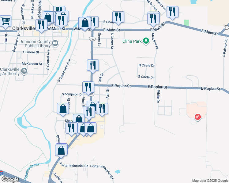 map of restaurants, bars, coffee shops, grocery stores, and more near 512-542 East Poplar Street in Clarksville
