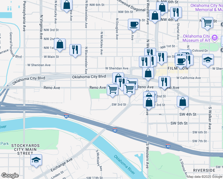 map of restaurants, bars, coffee shops, grocery stores, and more near 1313 West Reno Avenue in Oklahoma City