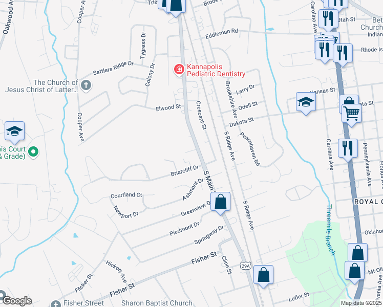 map of restaurants, bars, coffee shops, grocery stores, and more near 103 Carriage House Drive in Kannapolis