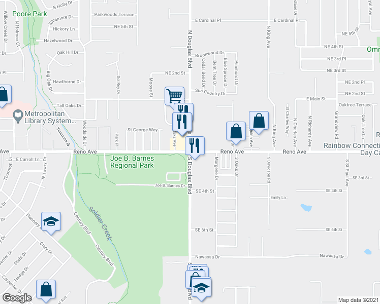 map of restaurants, bars, coffee shops, grocery stores, and more near 3 S Douglas Blvd in Midwest City