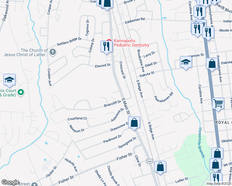 map of restaurants, bars, coffee shops, grocery stores, and more near 119 Carriage House Drive in Kannapolis