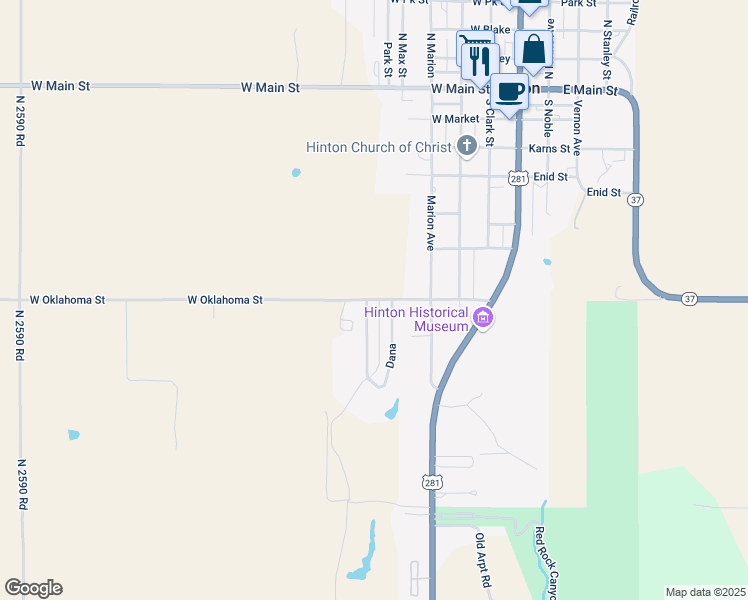 map of restaurants, bars, coffee shops, grocery stores, and more near 529 West Oklahoma Street in Hinton