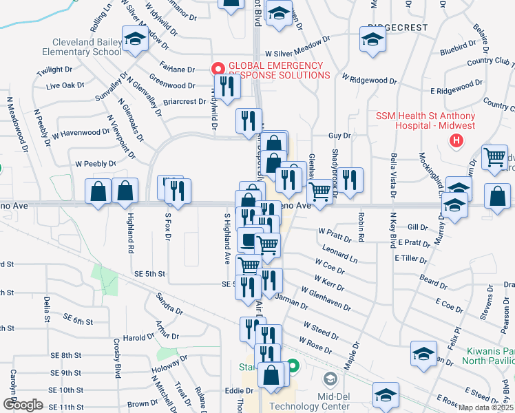map of restaurants, bars, coffee shops, grocery stores, and more near E Reno Ave & S Air Depot Blvd in Midwest City