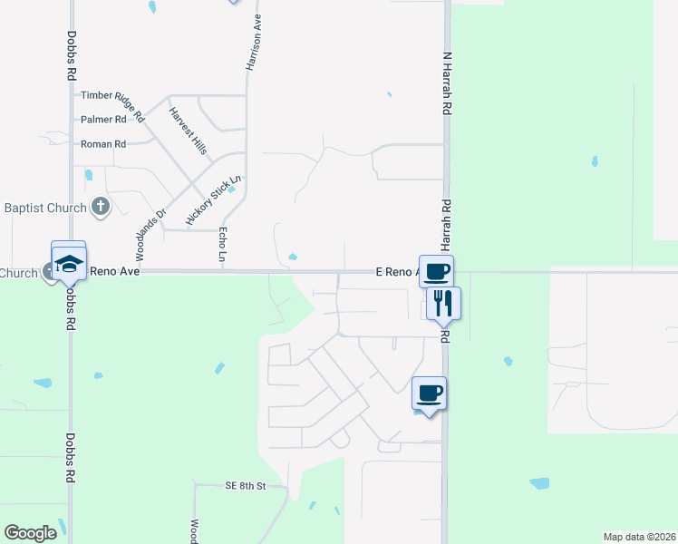 map of restaurants, bars, coffee shops, grocery stores, and more near 20634 East Reno Avenue in Harrah