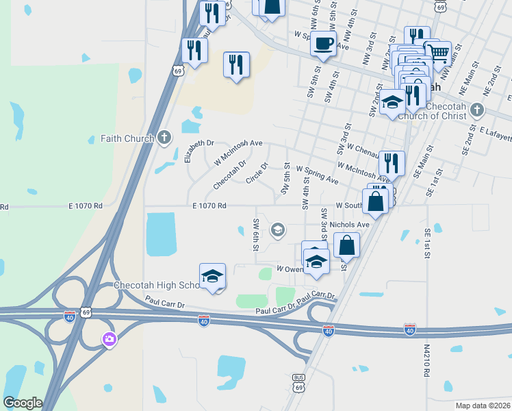 map of restaurants, bars, coffee shops, grocery stores, and more near 304 Circle Drive in Checotah