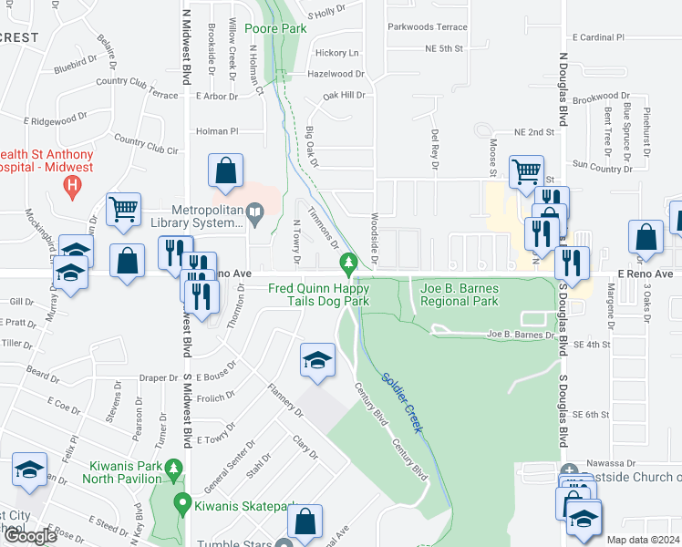 map of restaurants, bars, coffee shops, grocery stores, and more near 8405 E Reno Ave in Midwest City