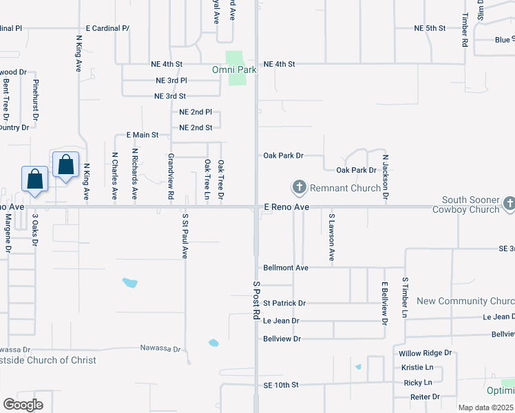 map of restaurants, bars, coffee shops, grocery stores, and more near 2 North Post Road in Midwest City