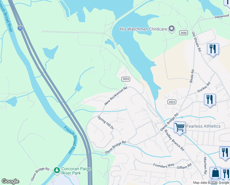map of restaurants, bars, coffee shops, grocery stores, and more near 22 Pepperbrush Trail in Buncombe County