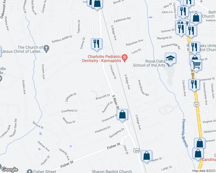 map of restaurants, bars, coffee shops, grocery stores, and more near 2118 South Main Street in Kannapolis