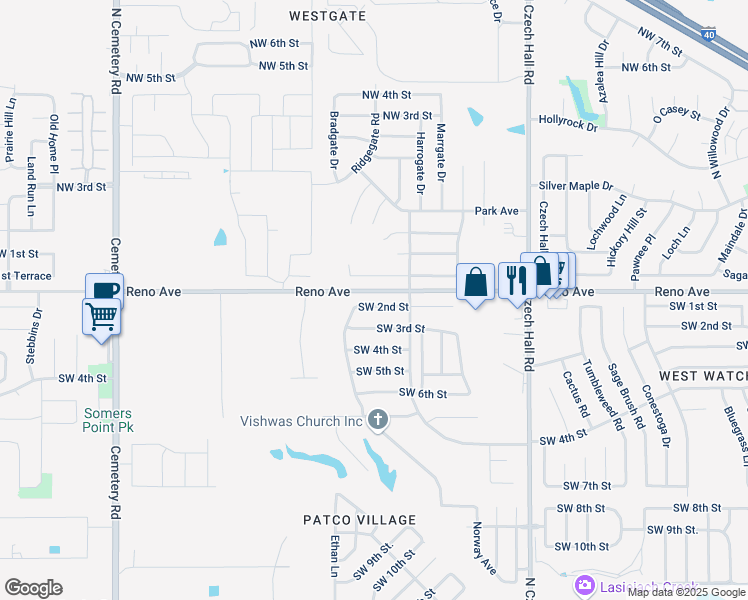 map of restaurants, bars, coffee shops, grocery stores, and more near 12420 Southgate Drive in Yukon