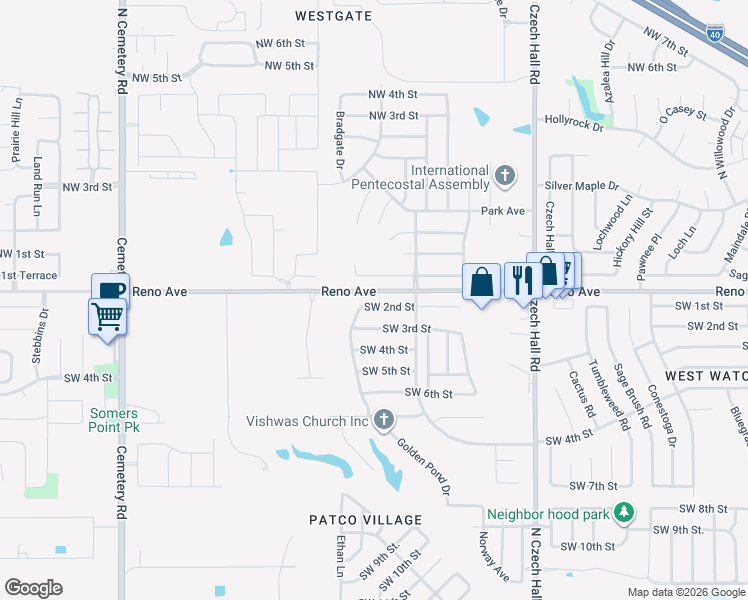 map of restaurants, bars, coffee shops, grocery stores, and more near 12420 Southgate Drive in Yukon