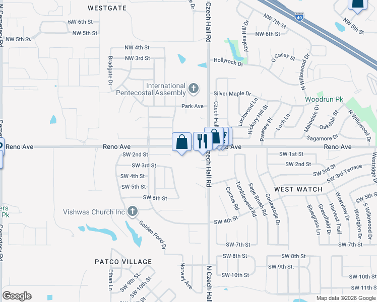 map of restaurants, bars, coffee shops, grocery stores, and more near 12241-12281 West Reno Avenue in Yukon