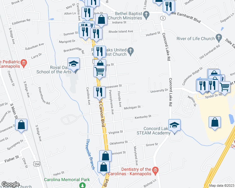 map of restaurants, bars, coffee shops, grocery stores, and more near 2206 Florida Avenue in Kannapolis