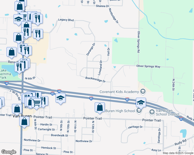map of restaurants, bars, coffee shops, grocery stores, and more near 1331 Breckenridge Drive in Van Buren