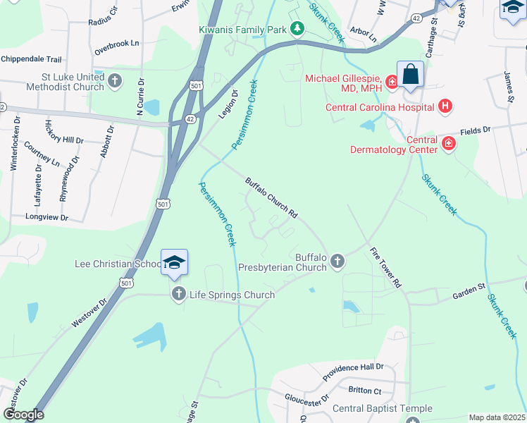 map of restaurants, bars, coffee shops, grocery stores, and more near 2519 Buffalo Church Road in Sanford
