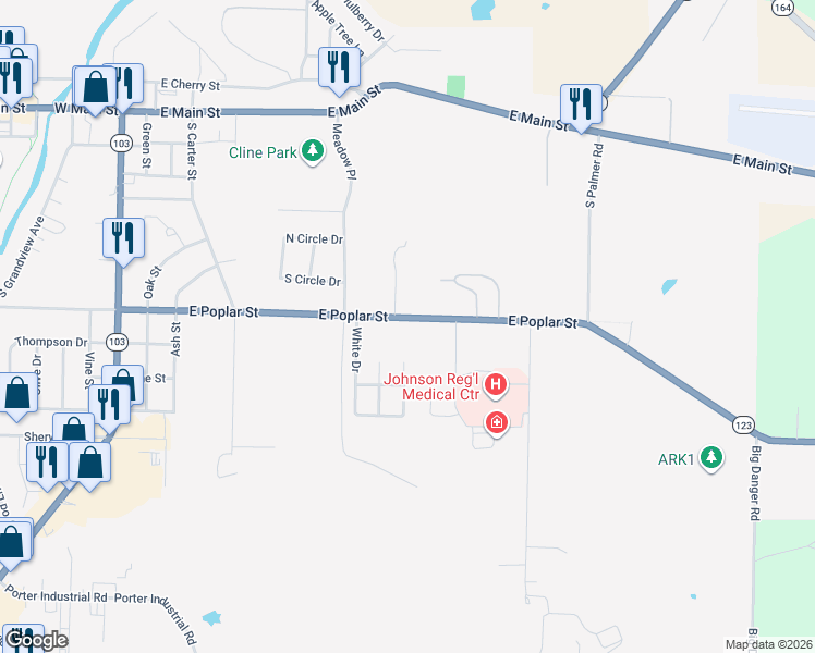 map of restaurants, bars, coffee shops, grocery stores, and more near 1012 East Poplar Street in Clarksville