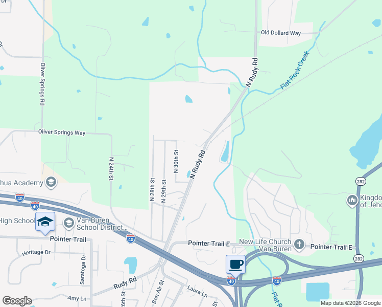 map of restaurants, bars, coffee shops, grocery stores, and more near 1907 North Rudy Road in Van Buren