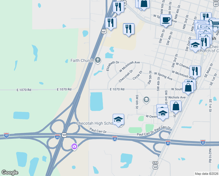 map of restaurants, bars, coffee shops, grocery stores, and more near 510 Checotah Drive in Checotah