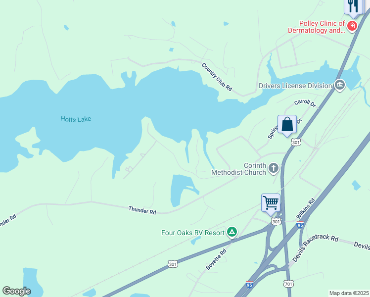 map of restaurants, bars, coffee shops, grocery stores, and more near 310 Skinner Road in Four Oaks