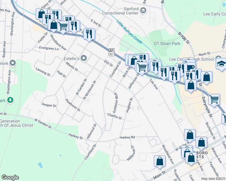 map of restaurants, bars, coffee shops, grocery stores, and more near 414 Birch Street in Sanford