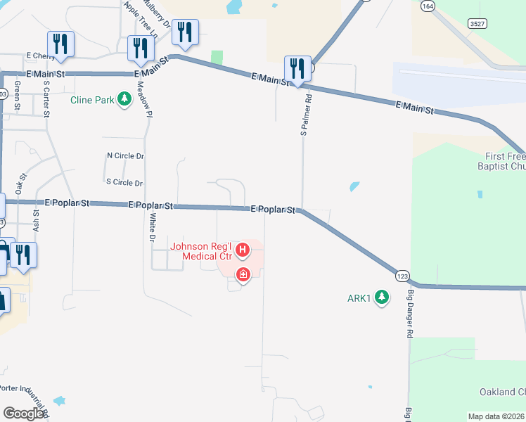 map of restaurants, bars, coffee shops, grocery stores, and more near 1012 East Poplar Street in Clarksville