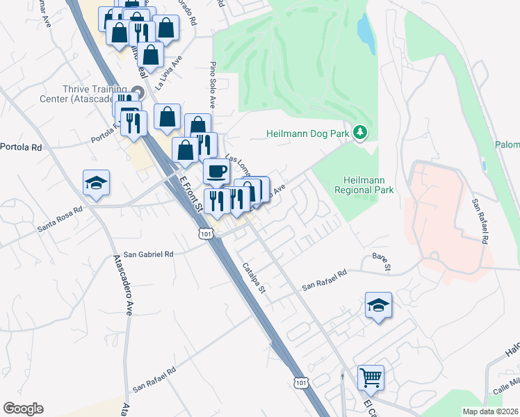 map of restaurants, bars, coffee shops, grocery stores, and more near 9280 El Bordo Avenue in Atascadero