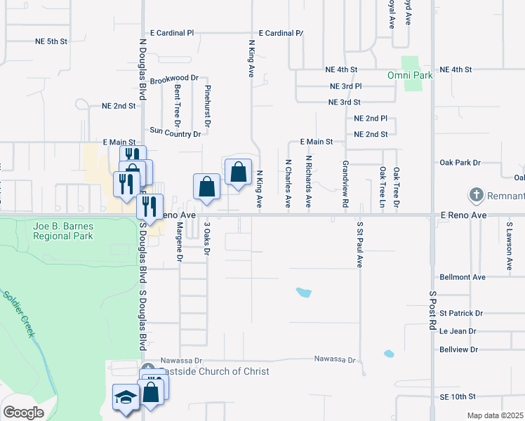 map of restaurants, bars, coffee shops, grocery stores, and more near 9401 East Reno Avenue in Midwest City