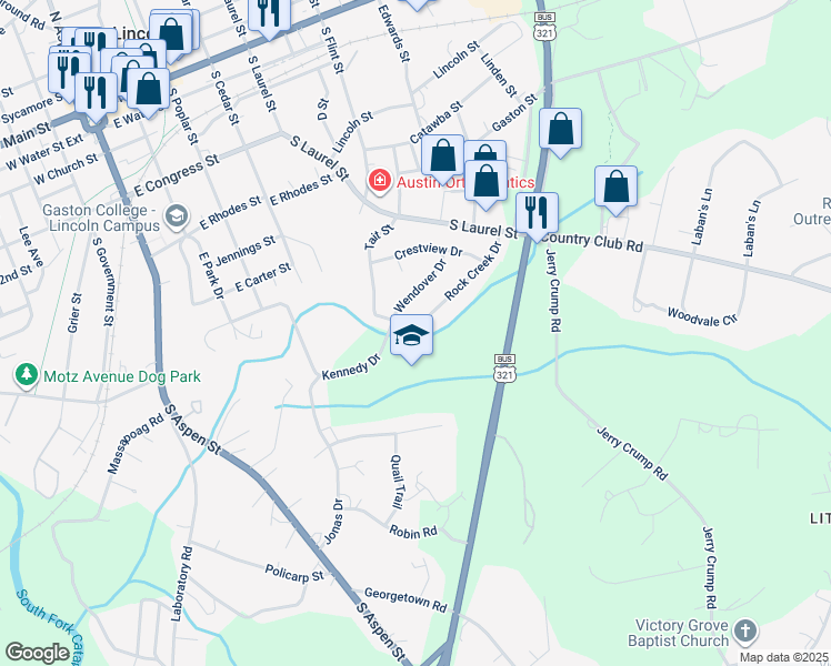 map of restaurants, bars, coffee shops, grocery stores, and more near 225 Rock Creek Drive in Lincolnton