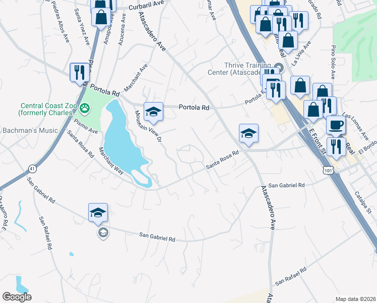 map of restaurants, bars, coffee shops, grocery stores, and more near 8455 Santa Rosa Road in Atascadero