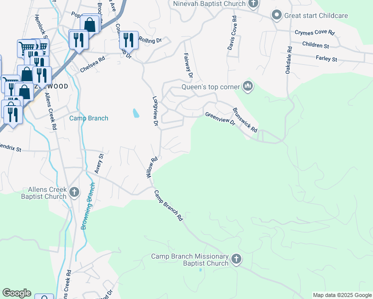 map of restaurants, bars, coffee shops, grocery stores, and more near 87 Willow Road in Waynesville