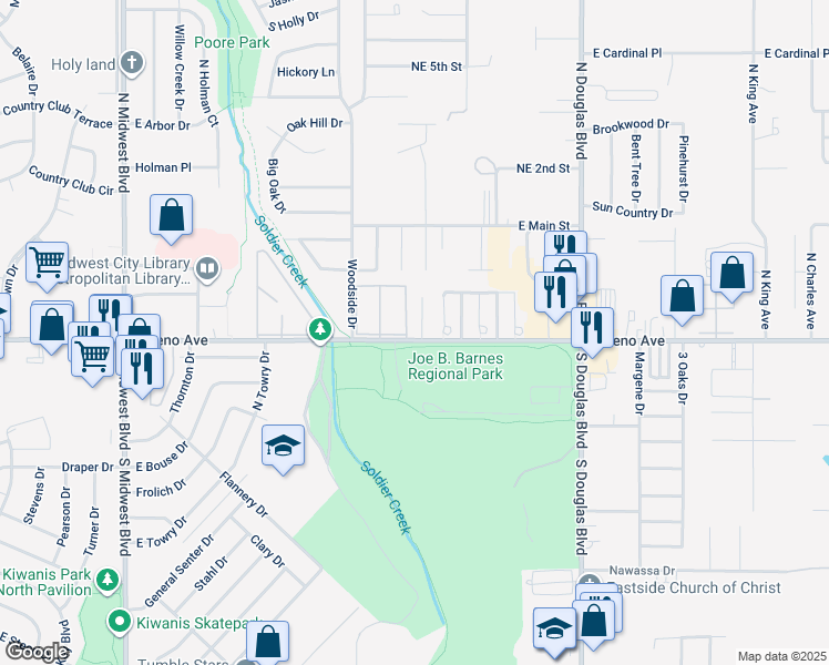 map of restaurants, bars, coffee shops, grocery stores, and more near 108 Park Place in Midwest City