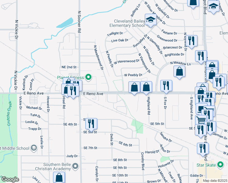 map of restaurants, bars, coffee shops, grocery stores, and more near 2900 North Meadowood Drive in Midwest City