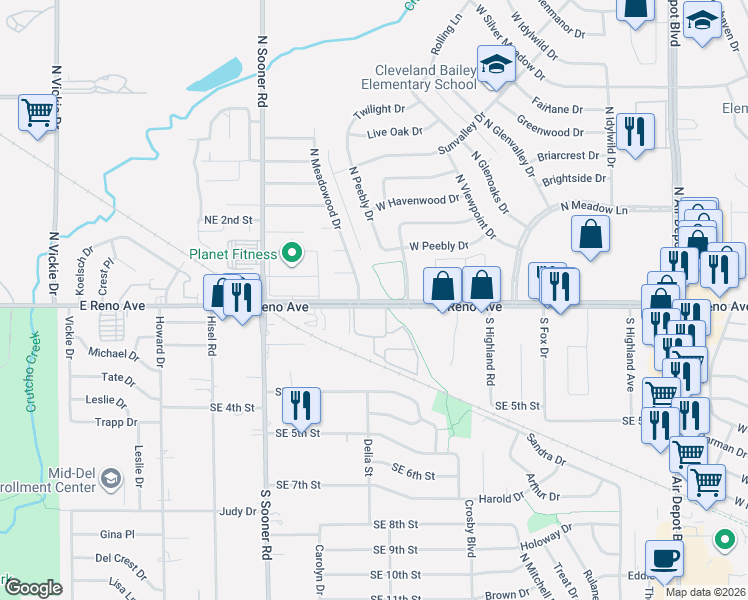 map of restaurants, bars, coffee shops, grocery stores, and more near 2900 North Meadowood Drive in Midwest City
