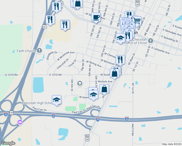 map of restaurants, bars, coffee shops, grocery stores, and more near 719 Southwest 4th Street in Checotah