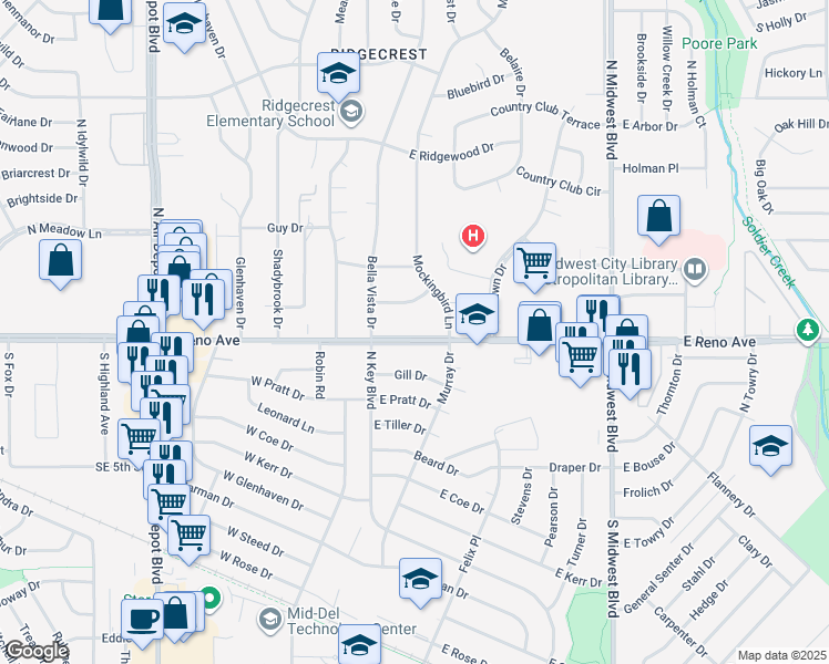 map of restaurants, bars, coffee shops, grocery stores, and more near 117 East Morningside Drive in Midwest City