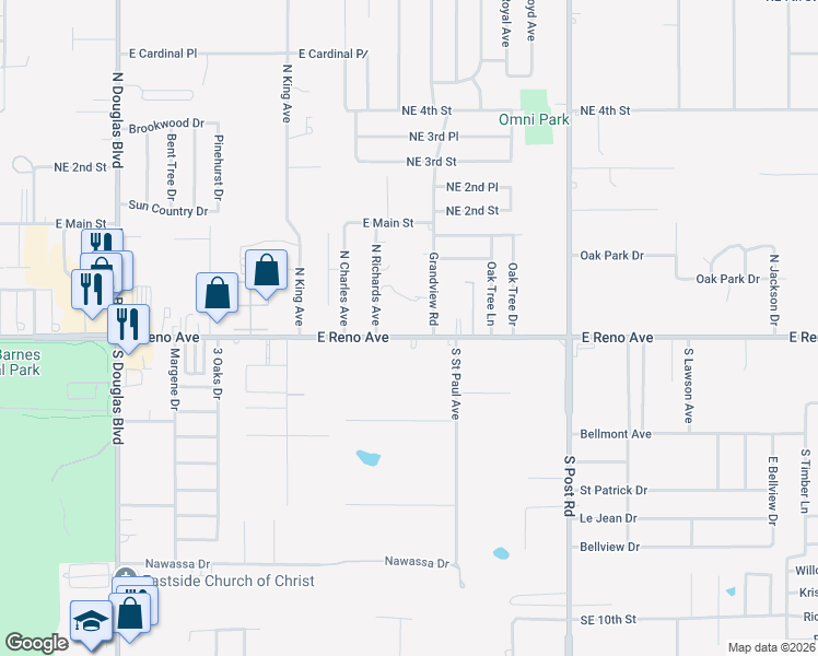map of restaurants, bars, coffee shops, grocery stores, and more near 9617 East Reno Avenue in Midwest City