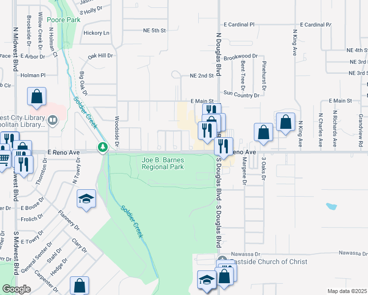 map of restaurants, bars, coffee shops, grocery stores, and more near 110 Kendra Drive in Midwest City