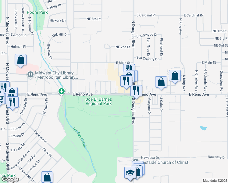 map of restaurants, bars, coffee shops, grocery stores, and more near 110 Kendra Drive in Midwest City