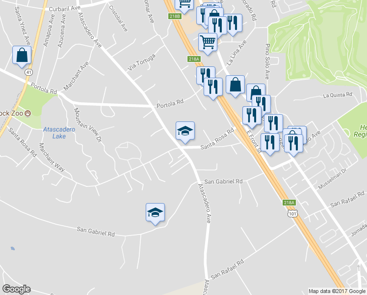 map of restaurants, bars, coffee shops, grocery stores, and more near 8655 Santa Rosa Rd in Atascadero
