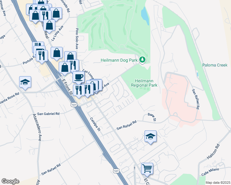 map of restaurants, bars, coffee shops, grocery stores, and more near 10025 El Camino Real in Atascadero