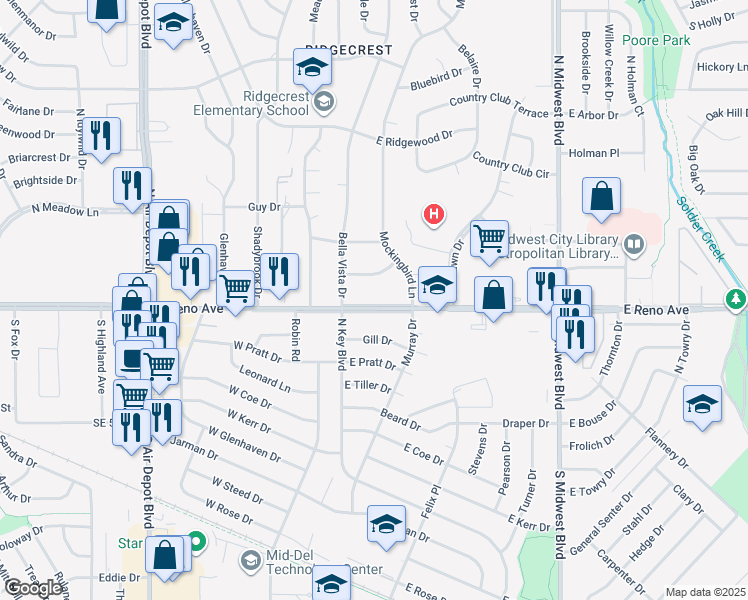 map of restaurants, bars, coffee shops, grocery stores, and more near 117 East Morningside Drive in Midwest City